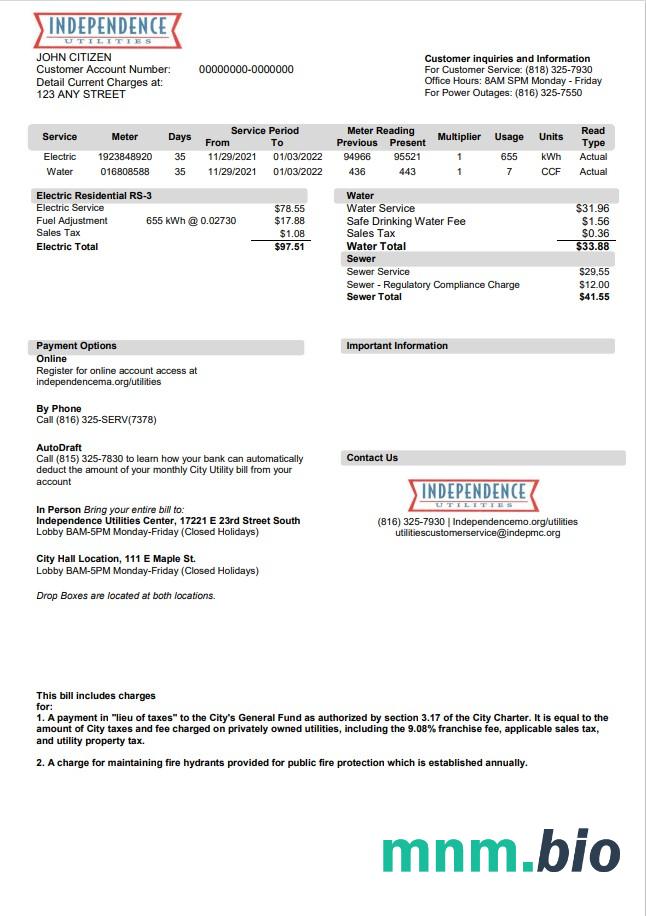 USA Missouri Independence Utilities rachunek za media szablon w formacie Word i PDF, Wersja 2